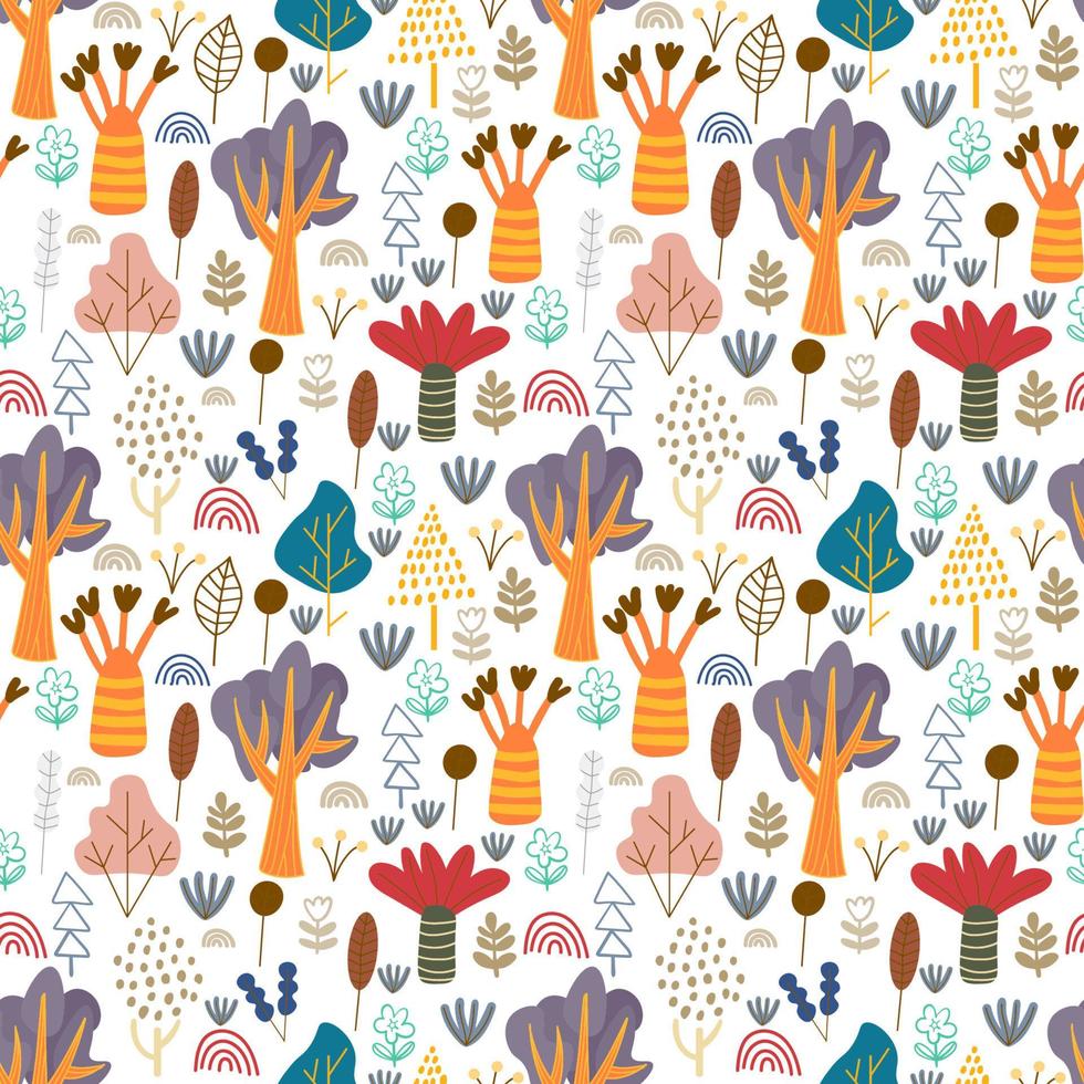 Cartoon doodle forest seamless pattern. Trees, bushes, leaves, flowers in Scandinavian childlike style background. vector