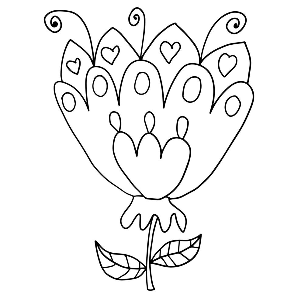 flor de garabato de dibujos animados de fantasía con hojas aisladas sobre fondo blanco. vector