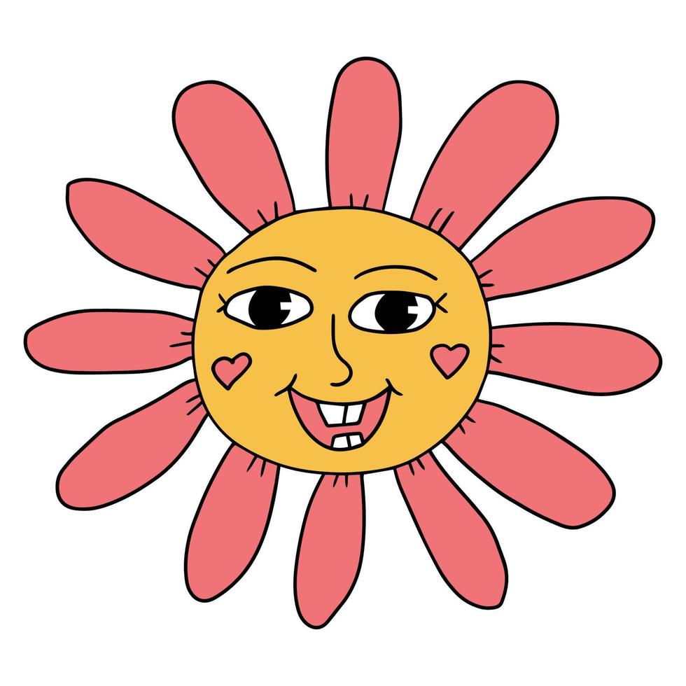 maravillosa flor hippie sonriente. personaje de flor de dibujos animados feliz fantasía colorida aislado sobre fondo blanco. vector