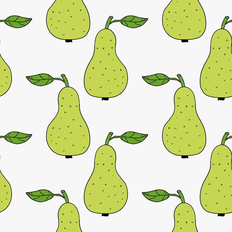 Doodle green pear with leaf seamless pattern. Fruit  background. vector