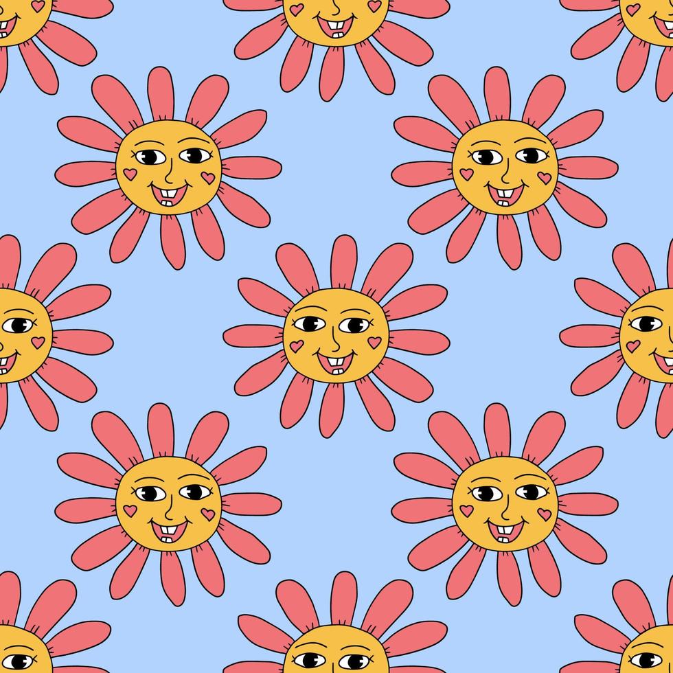 Groovy smiley hippie flower seamless pattern. Colorful fantasy happy cartoon flower character background. vector