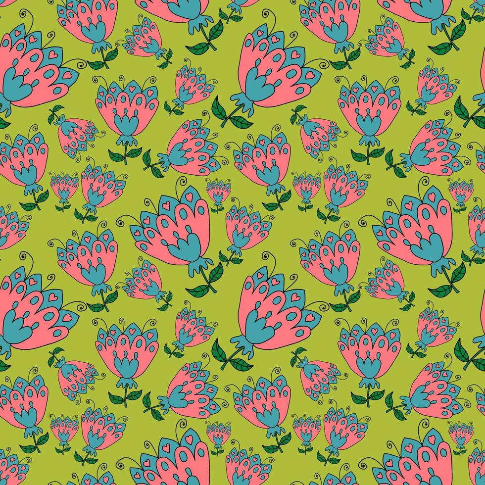 Fantasy cartoon doodle flower with leaves seamless pattern. Floral background. vector