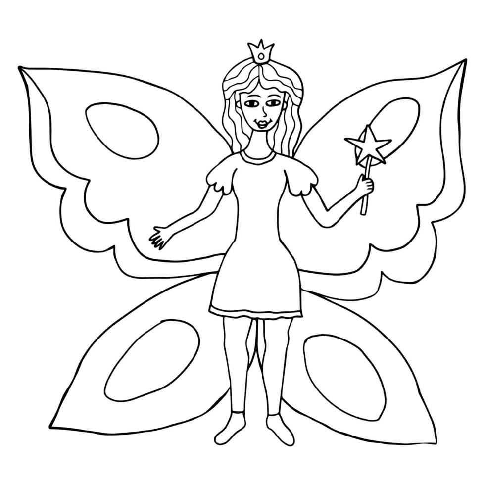 Happy fantasy doodle fairy butterfly princess flying with magic wand. vector