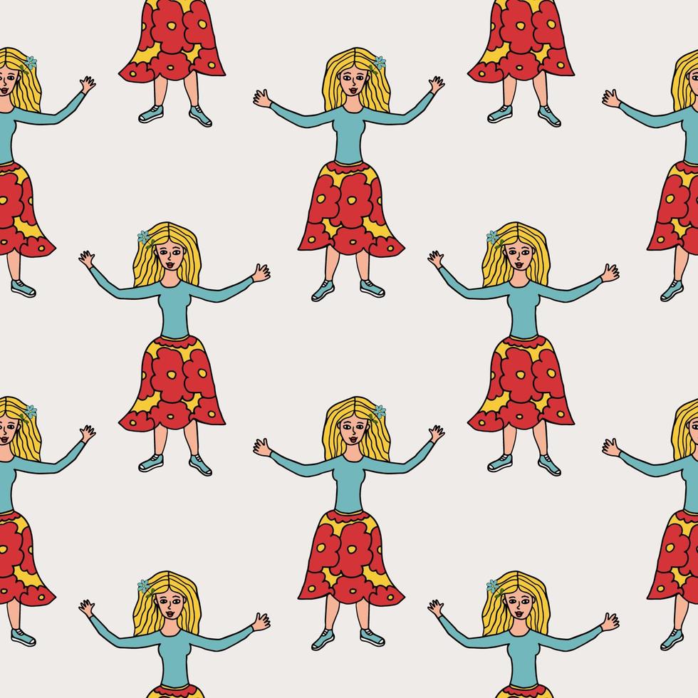 Cartoon doodle linear woman getting ready to hug seamless pattern. Girlish background. vector