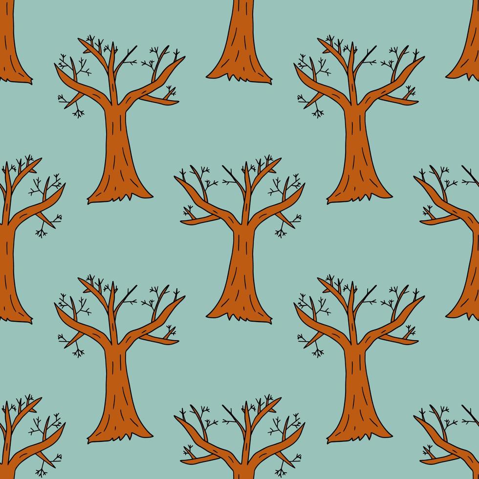 árbol de invierno desnudo de dibujos animados en patrones sin fisuras de estilo doodle. fondo de bosque de invierno. vector