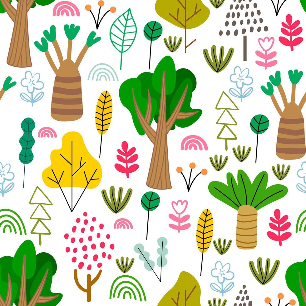 Cartoon doodle forest seamless pattern. Trees, bushes, leaves, flowers in Scandinavian childlike style background. vector