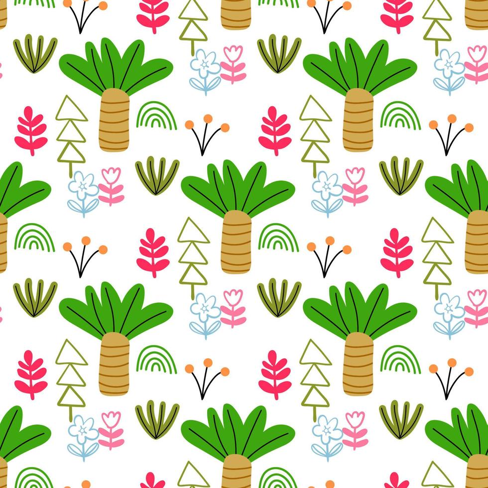 Cute forest seamless pattern with cartoon summer trees in flat style. Woodland background. vector