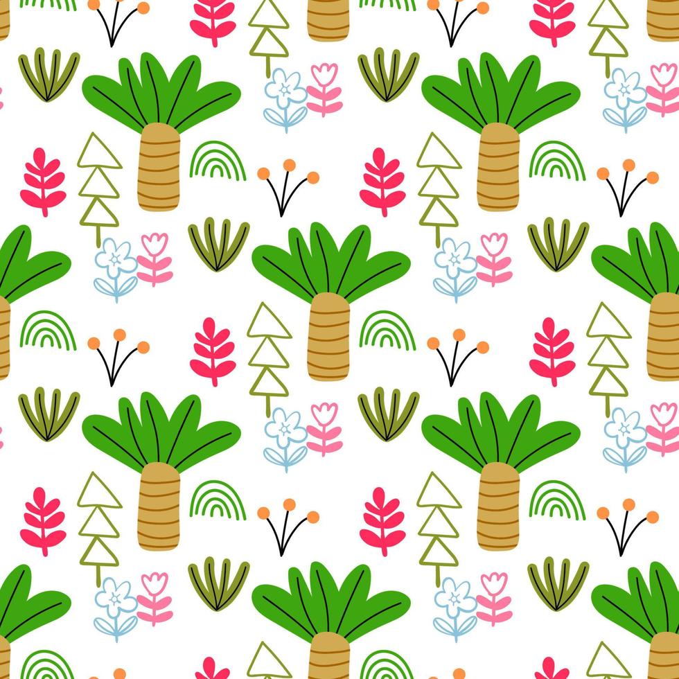 lindo bosque de patrones sin fisuras con árboles de verano de dibujos animados en estilo plano. fondo de bosque. vector