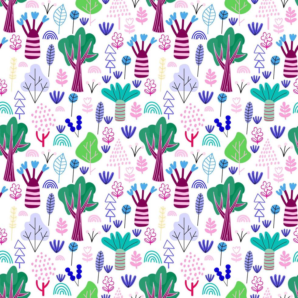 dibujos animados garabato bosque de patrones sin fisuras. árboles, arbustos, hojas, flores en un fondo de estilo infantil escandinavo. vector