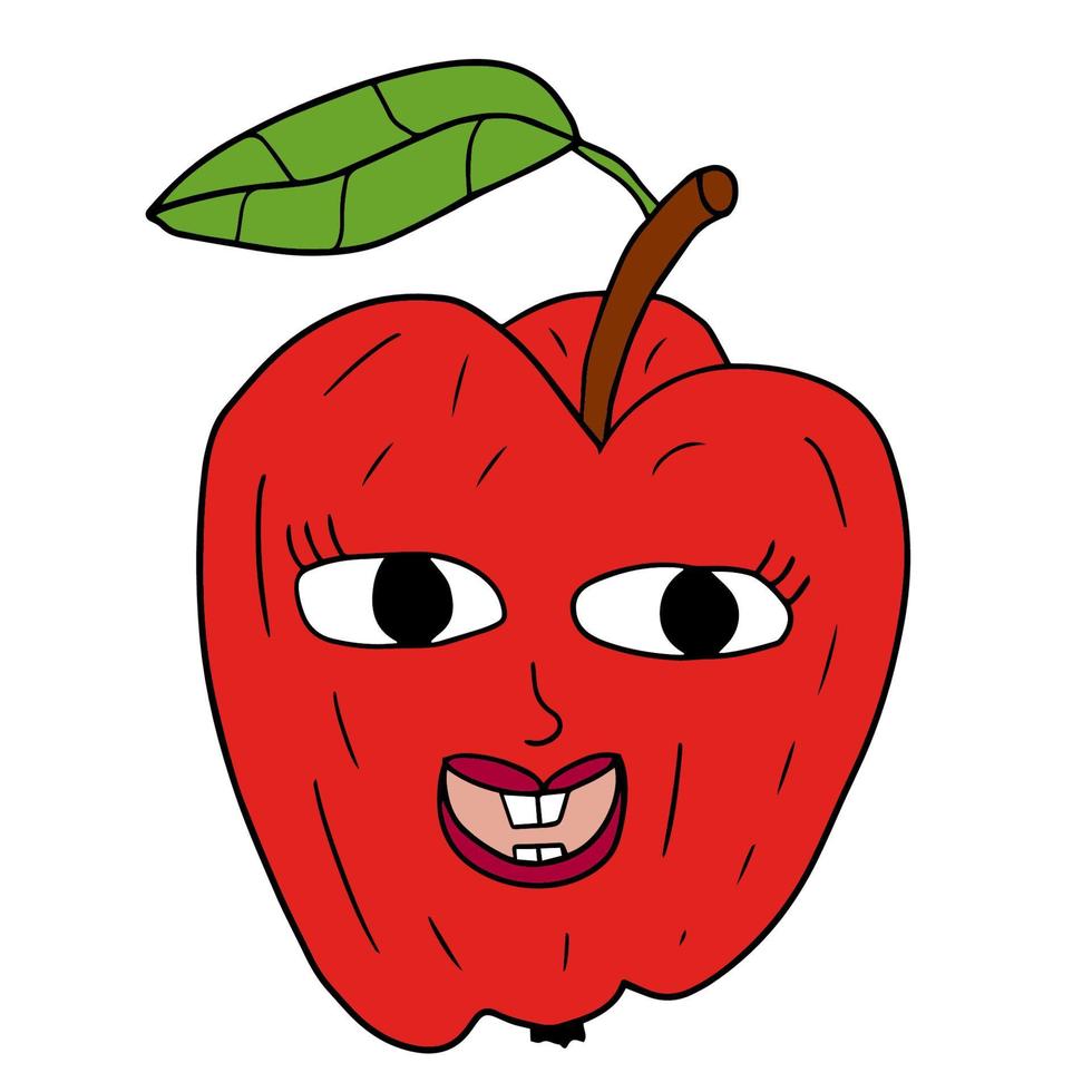 caricatura feliz garabato personaje de manzana retro con hoja aislada sobre fondo blanco. vector