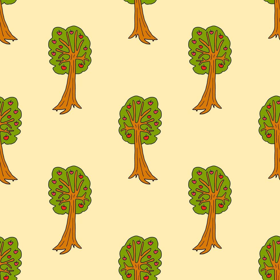 Cartoon doodle apple tree seamless pattern. Fruit background in childlike style. vector