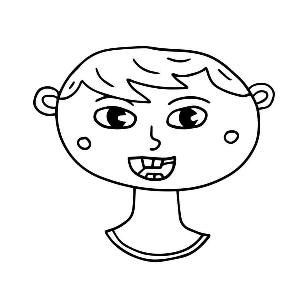 Retrato de niño de garabato de dibujos animados feliz aislado sobre fondo blanco. lindo niño pequeño en estilo infantil dibujado a mano. vector