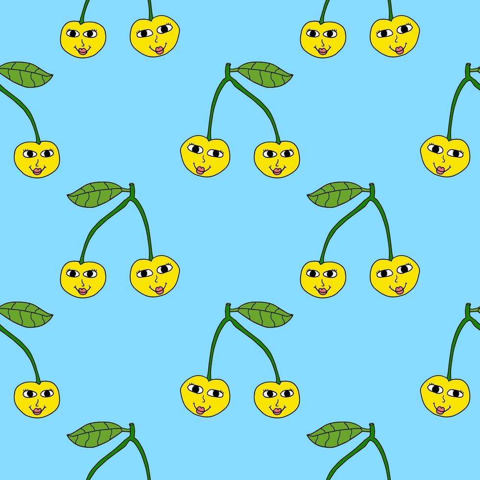 Happy cartoon cute cherry characters in doodle style seamless pattern.  Fruits  background. vector