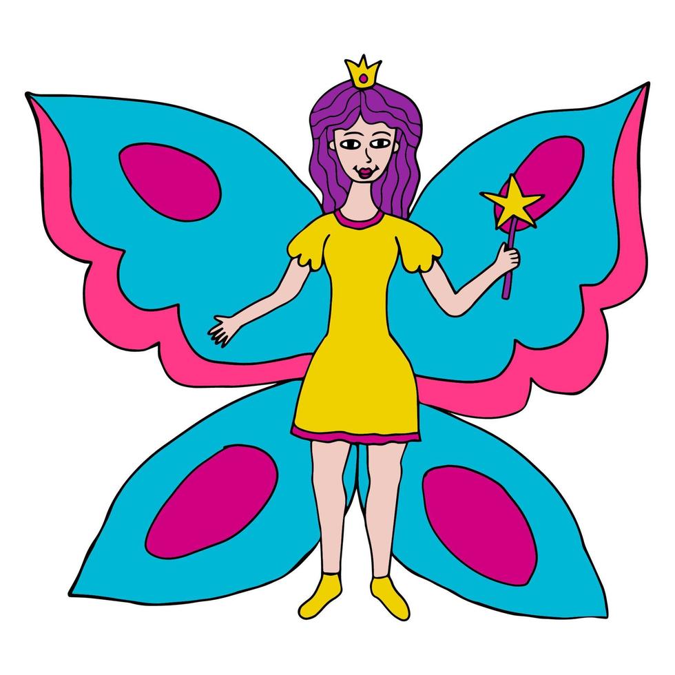 feliz fantasía garabato hada mariposa princesa volando con varita mágica. vector