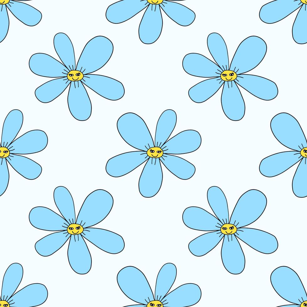 Groovy smiley hippie flower seamless pattern. Colorful fantasy happy cartoon flower character background. vector