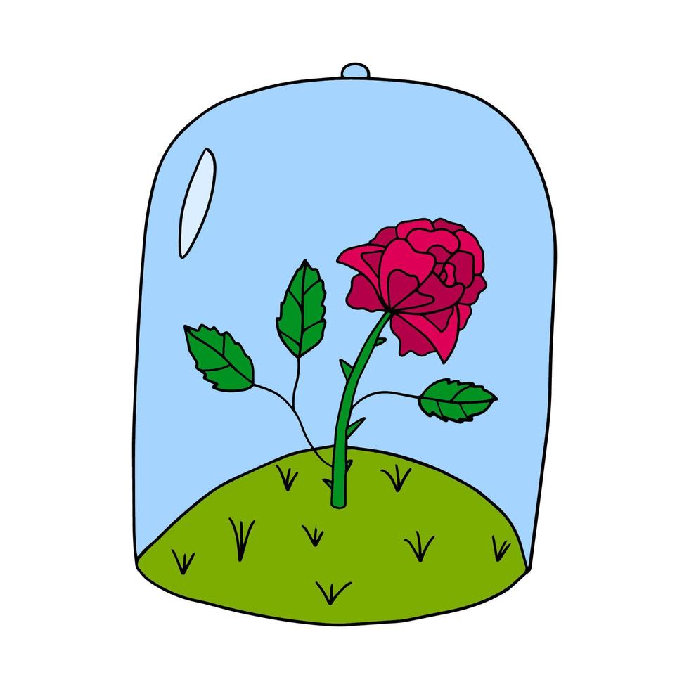 Cartoon doodle linear rose, flower under a glass jar isolated on white background. vector