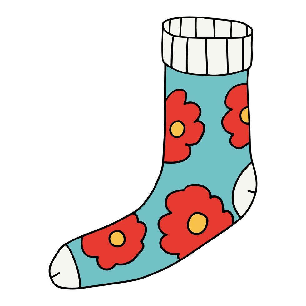 Cute doodle sock with floral texture, ornament. Childlike style. Modern cartoon cloth isolated on white background. vector