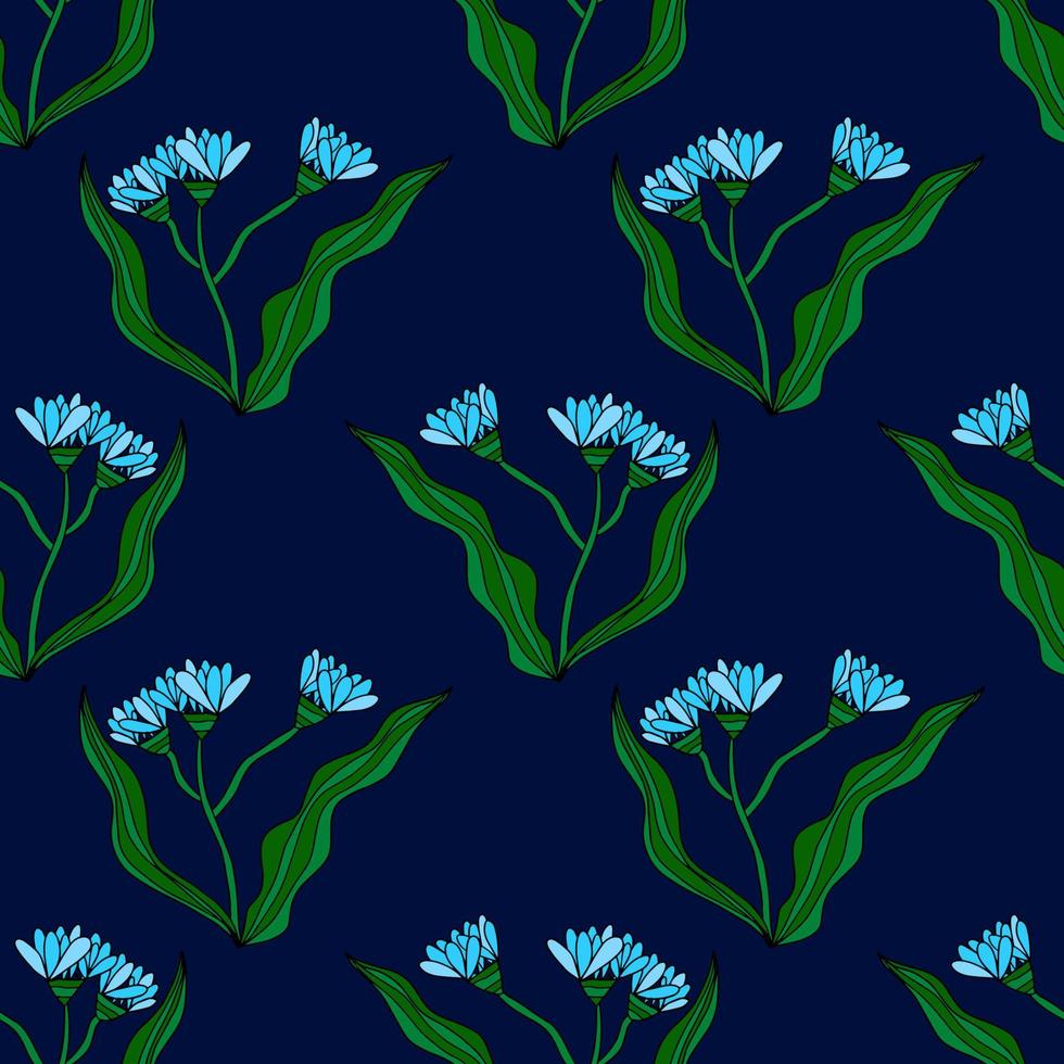 Fantasy cartoon doodle flower with leaves seamless pattern. Floral background. vector