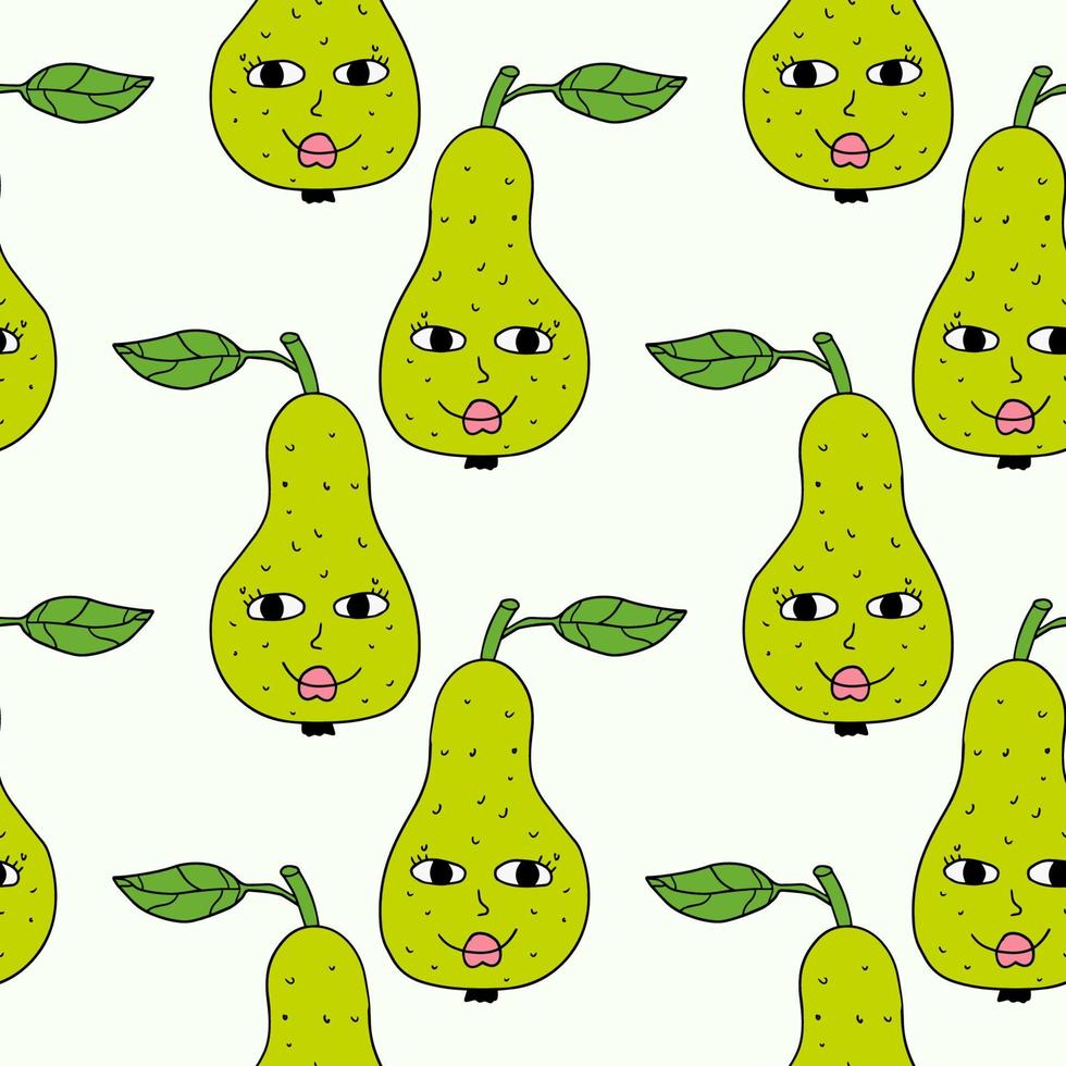 Happy doodle green pear character with leaf seamless pattern. Fruit background. vector