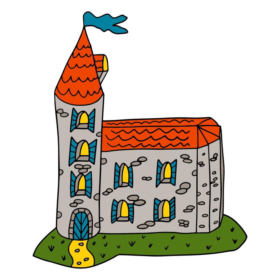 Cartoon linear doodle retro castle with flag isolated on white background. vector