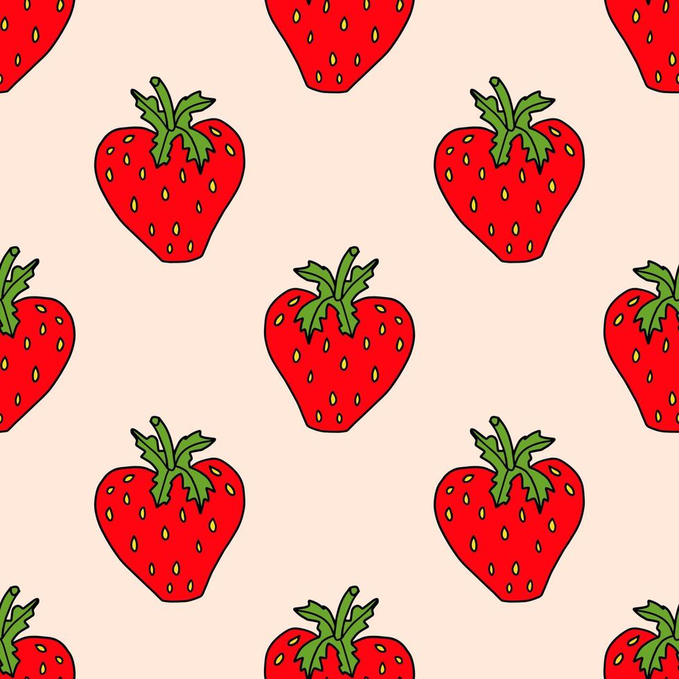 Cute cartoon doodle red strawberry seamless pattern. Fruits background. vector