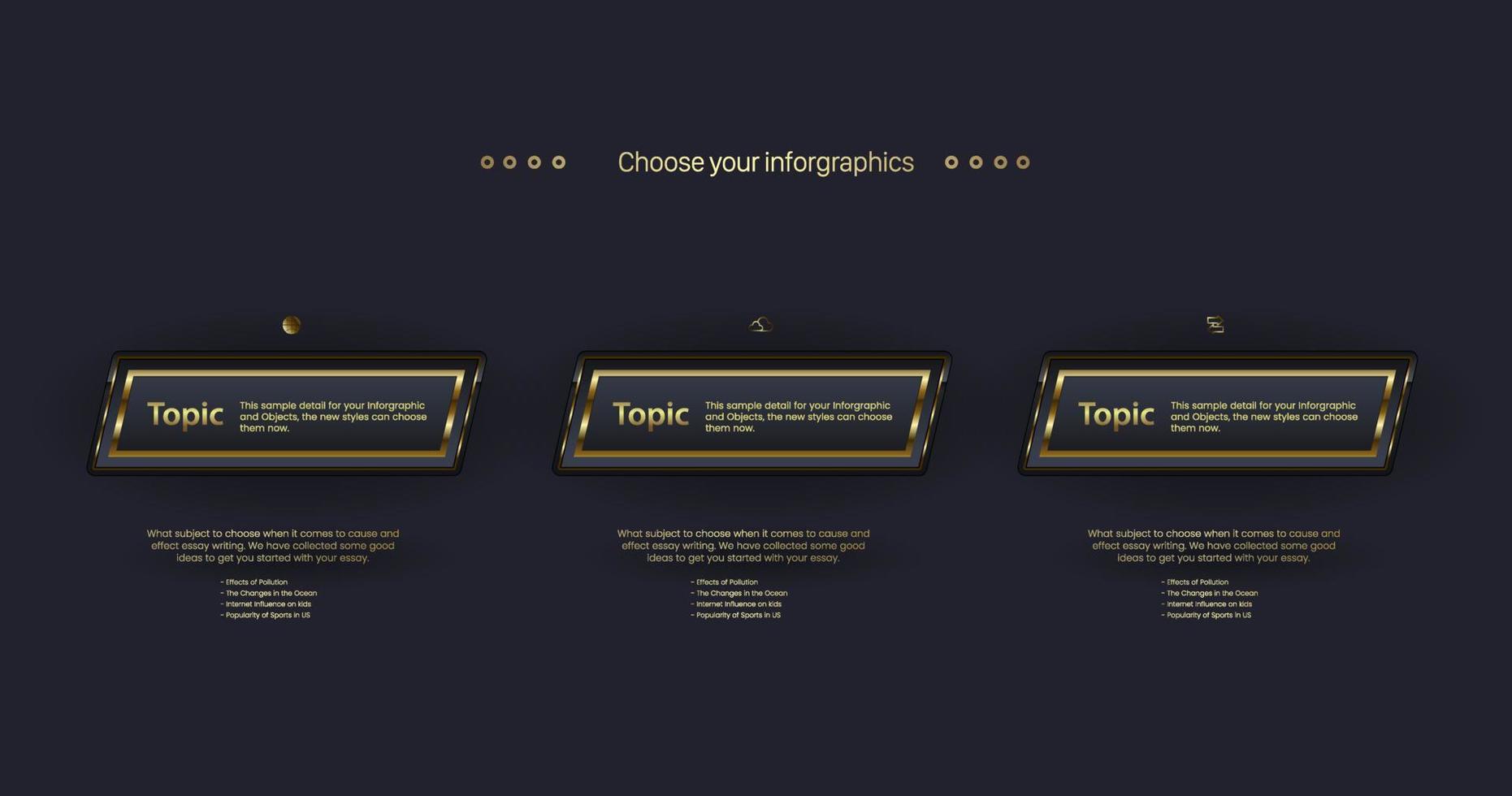 Set of premium Three Buttons steel on dark background color blackLuxury illustration and Vector buttons Design and premium option of 3 modern step tools for workflow chart design