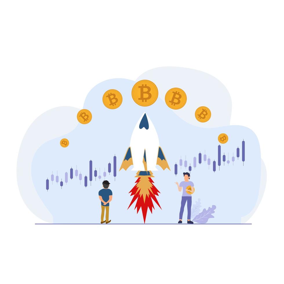 Two men trading on cypto chart, holding bitcoins currency on up trend arrow and chart design vector