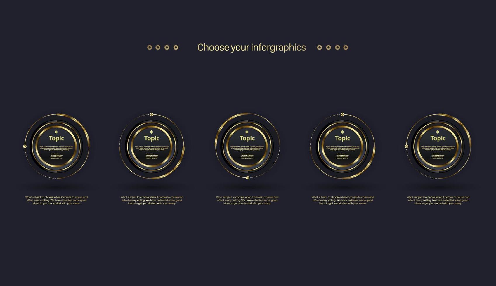 5 Steps buttons Timeline infographics design. and with modern luxury elements circles. Five premium levels Business concept chart in work flow and steps, annual report or presentation. vector