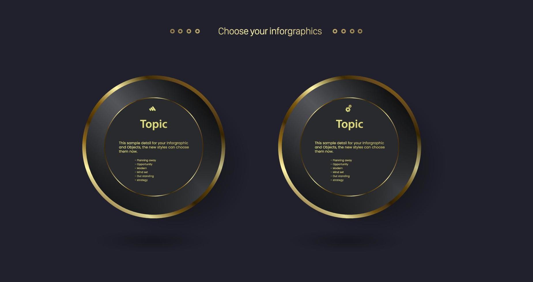 THREE Golden multipurpose Infographic  Vector  template with Three elements options and Premium golden version on a dark background with 3 golden info chart template design