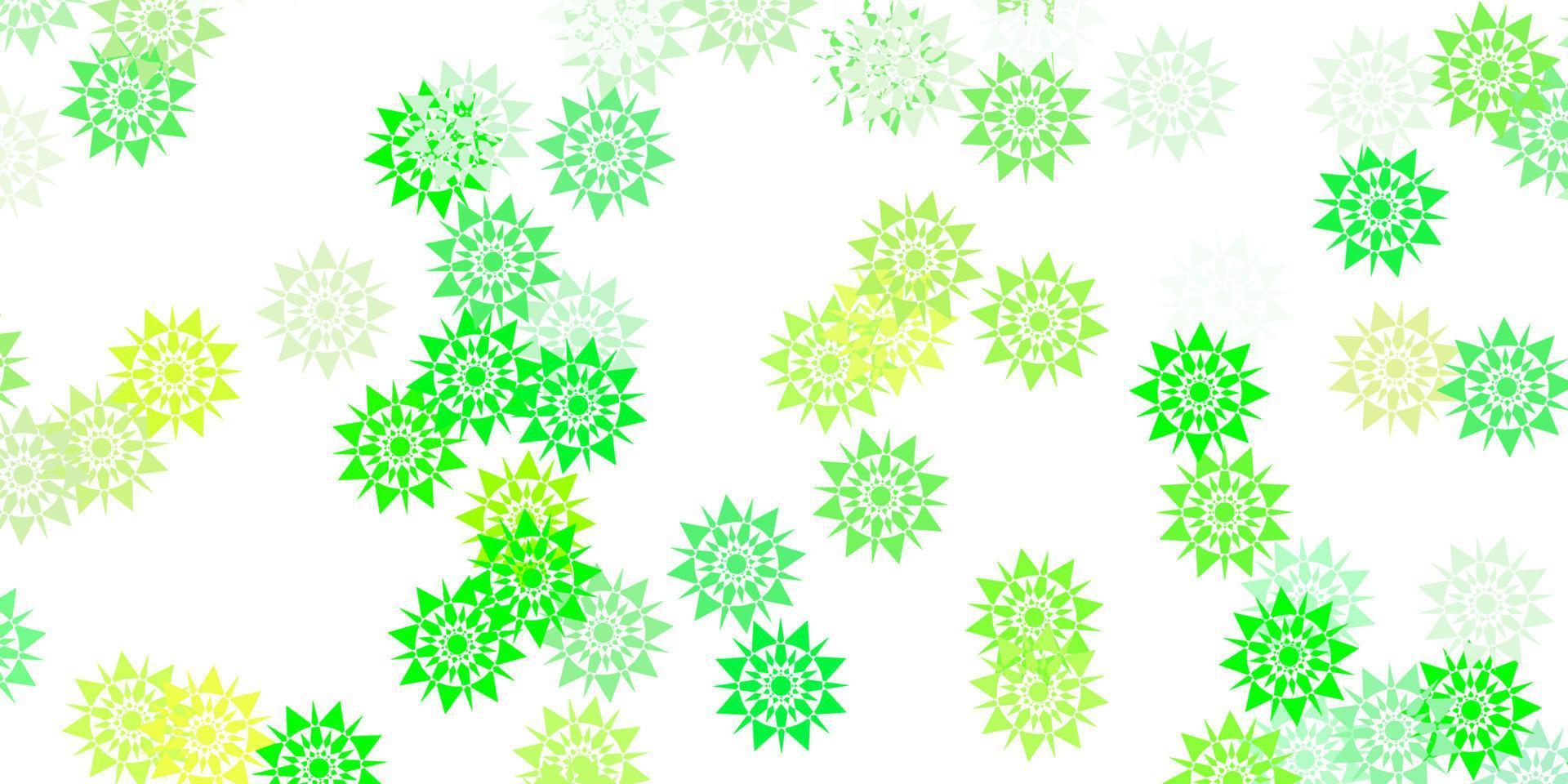 plantilla de vector verde claro, amarillo con copos de nieve de hielo.