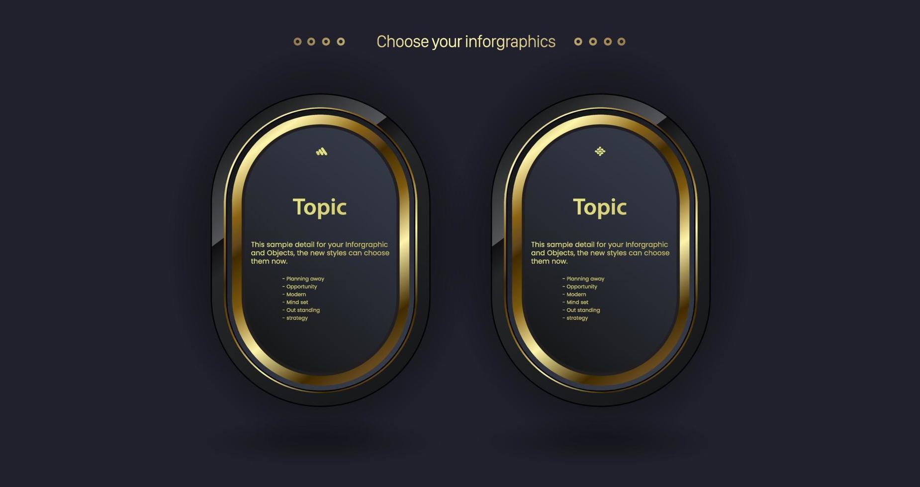 Two Golden circles Vector multipurpose Infographic template with Two elements options and Premium golden version on a dark background with 2 golden info chart template design
