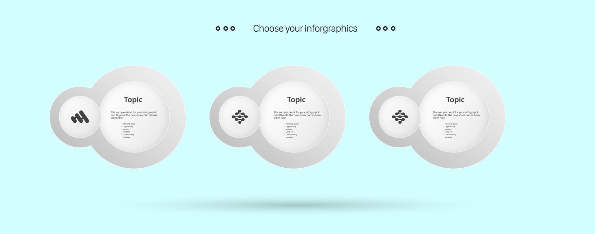 tres pasos de proceso infográfico blanco o panel de opciones de círculos de gráficos blancos sobre fondo blanco y plantilla infográfica con 3 opciones o pasos de diseño vectorial vector