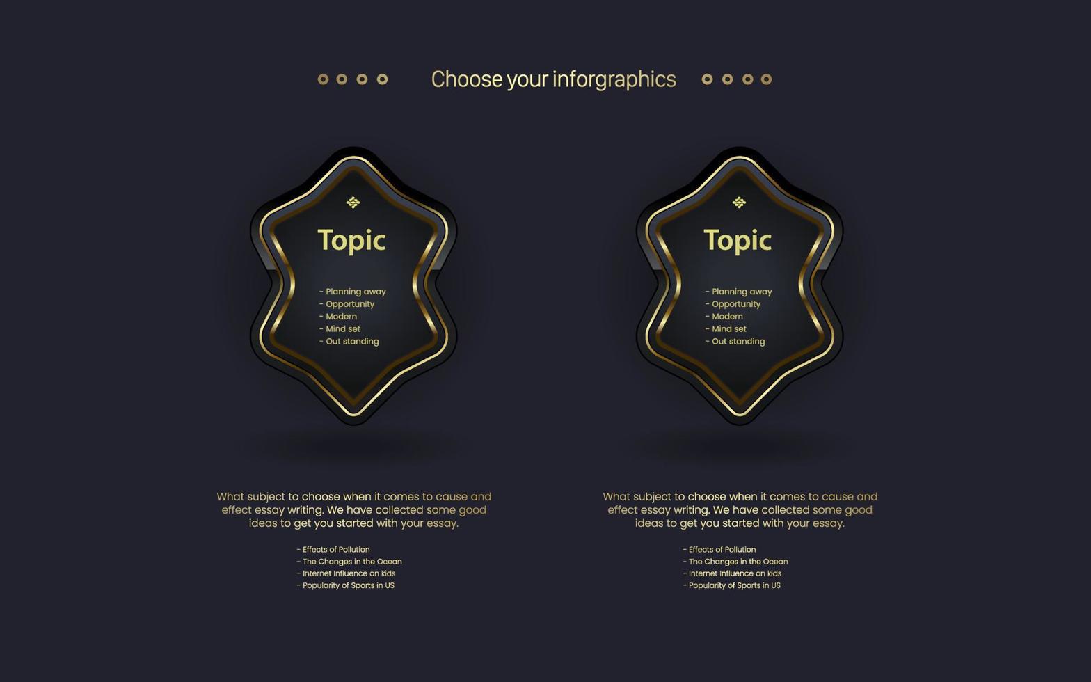 TWO Options banner steps in Luxury dark buttons with golden stoke on dark background design. A modern template of luxury shapes vector elements chart, vector and illustration