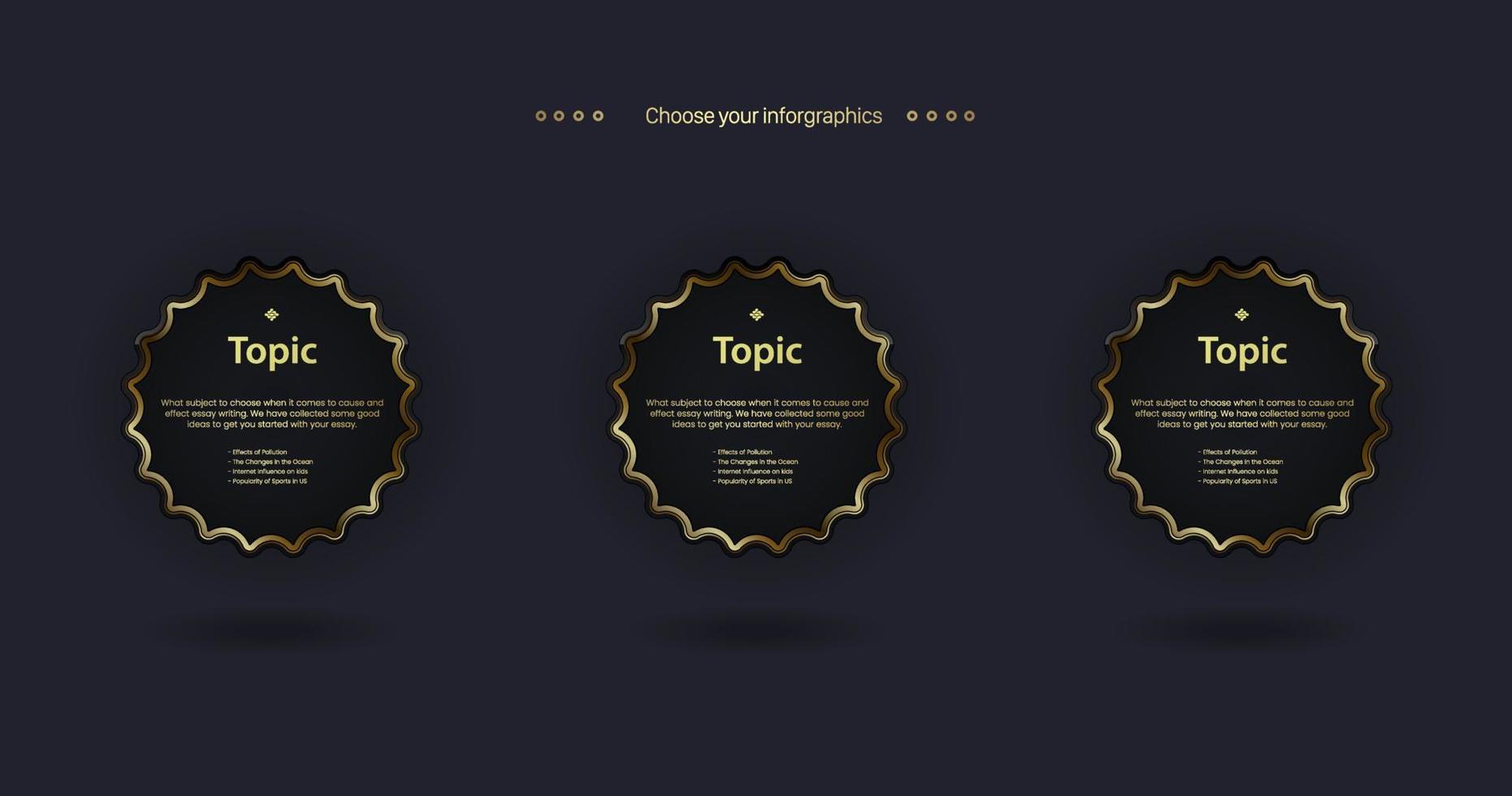 Three circles Business infographic buttons design. A modern options elements with golden stoke on dark background. For finance and business presentation objectt emplate, Vector illustration