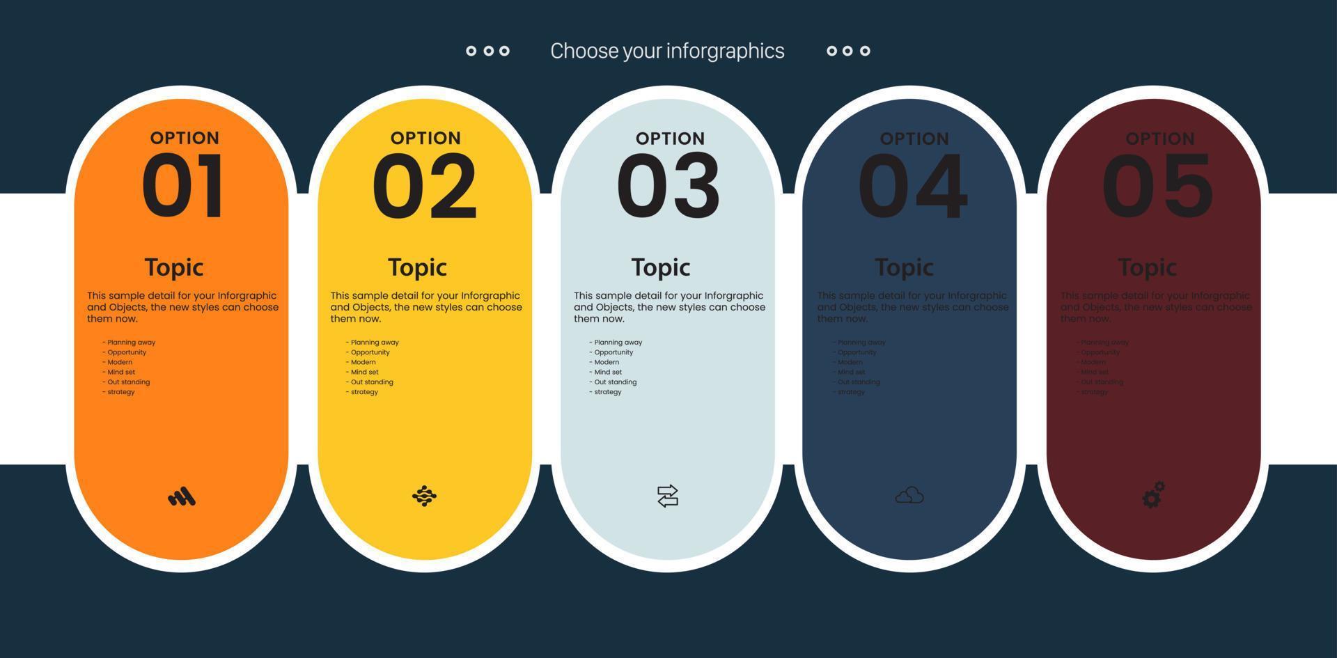 cinco pasos y 5 colores de proceso infográfico o panel de opción de círculos marrones y amarillos sobre fondo blanco y plantilla infográfica con 5 opciones o vector de pasos