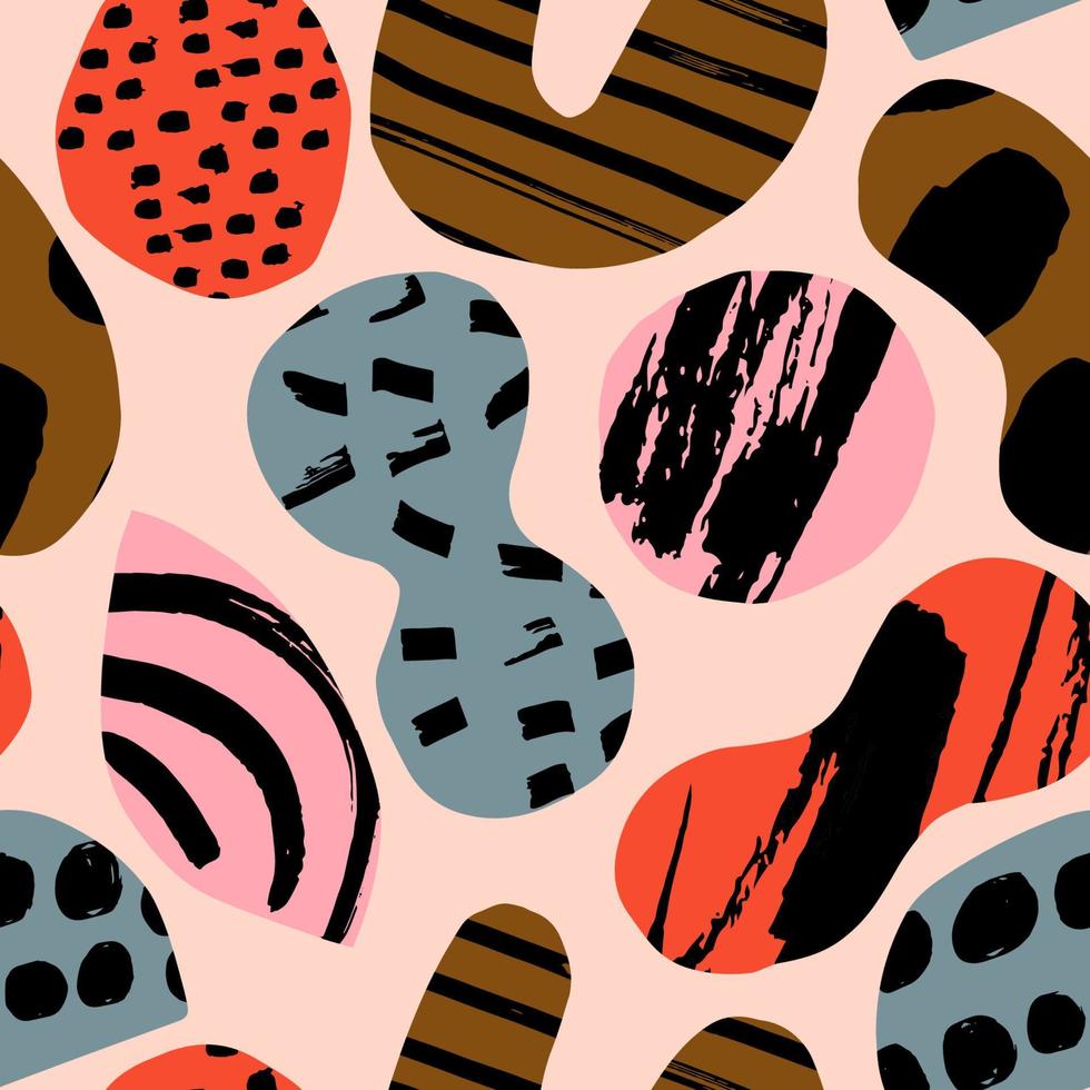 Seamless texture with paper cut out figures and ink texture. Vector pattern with big modern shapes and bold color. Creative artistic background