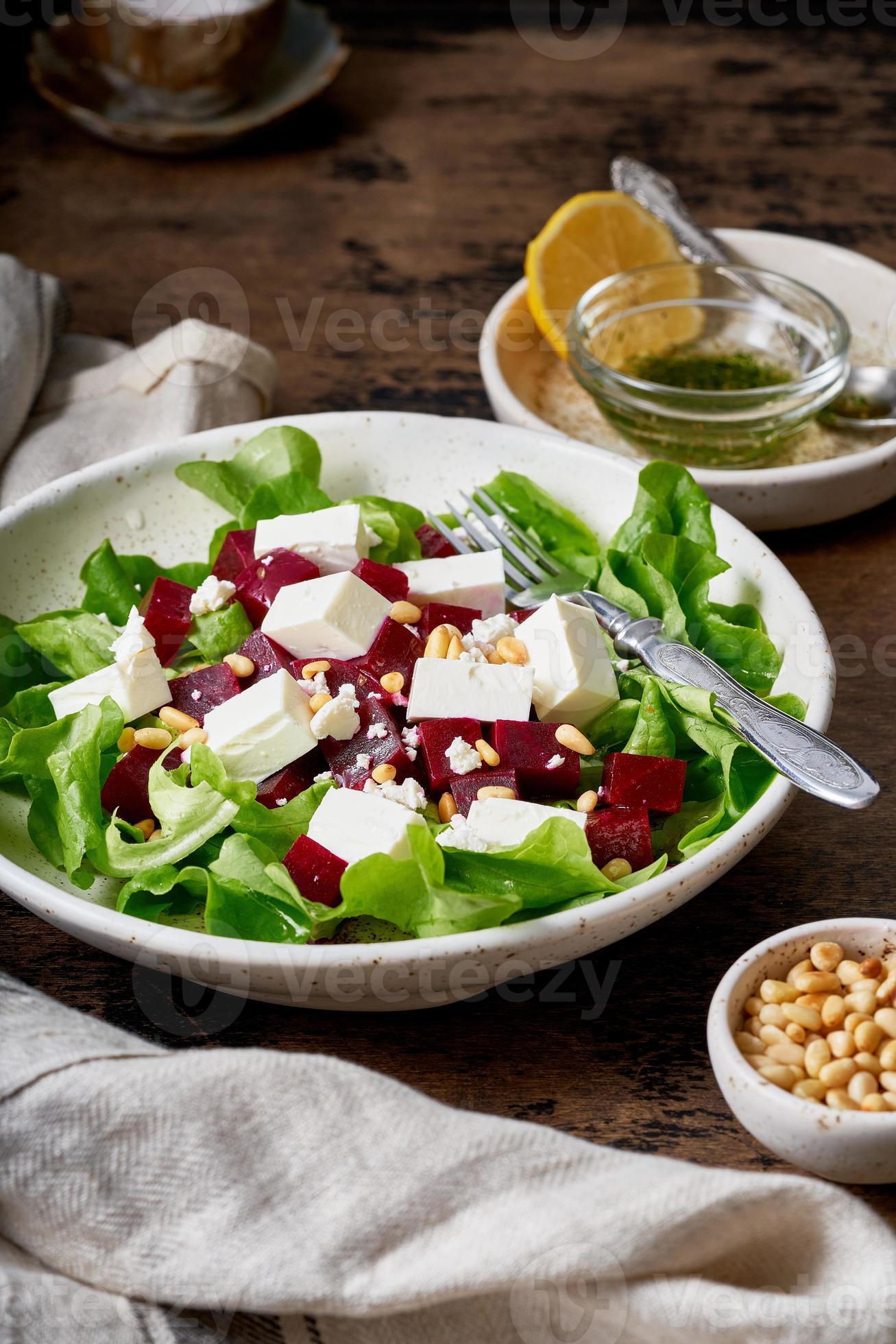Healthy salad with beet, curd, feta and pine nuts, lettuce. Low carb keto ketogenic dash diet