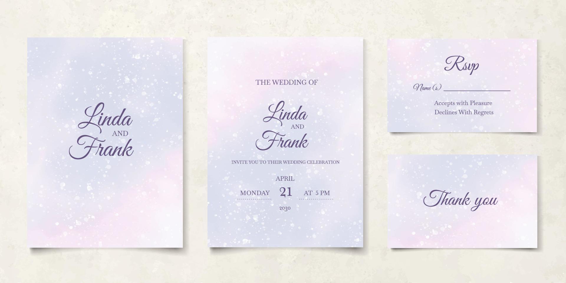 Blue pink watercolor wedding card template set. Abstract elegant background vector