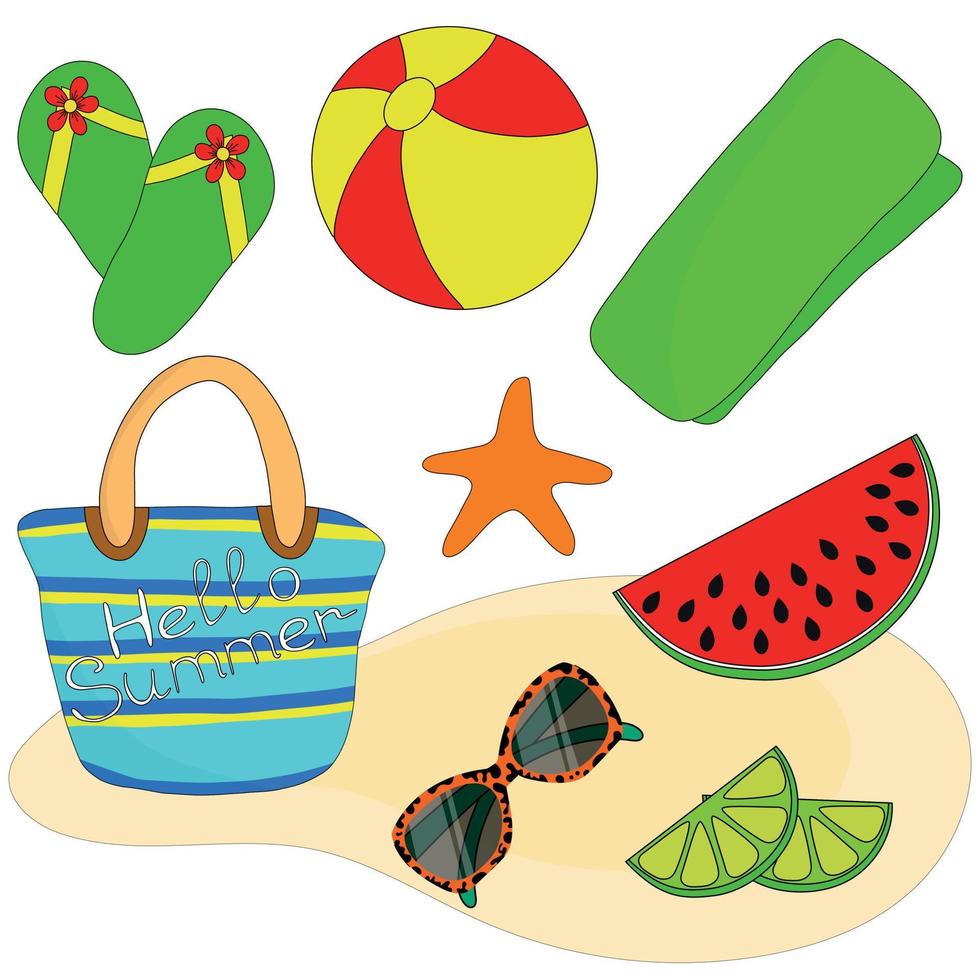 windy set of summer beach accessories, bag with beach accessories. vector illustration.