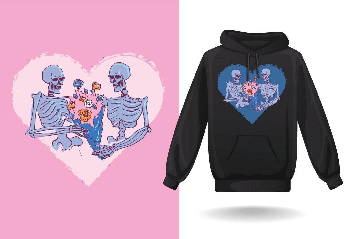 amor hasta la muerte diseño de sudadera con capucha arte vectorial, parejas de esqueletos con flores en la cabeza, parejas de calaveras ilustración vectorial vector