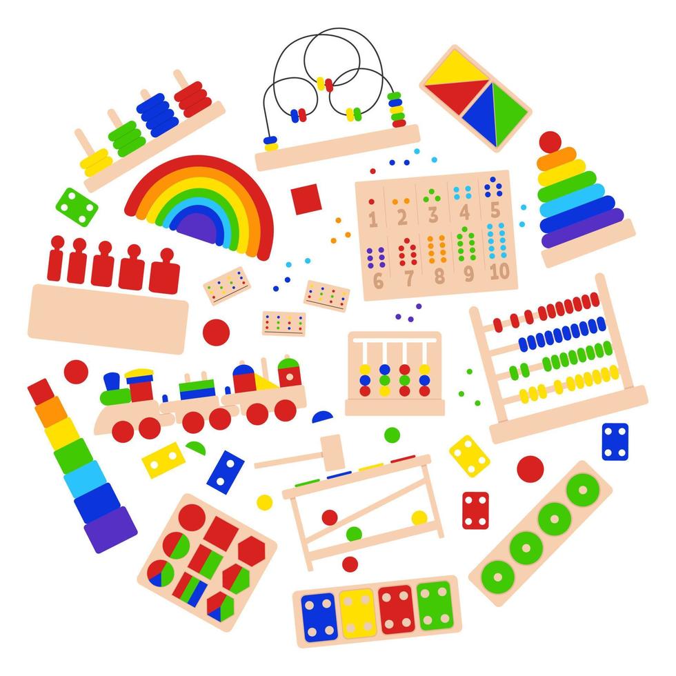 Collection of wooden Educational logic toys for Montessori games. Montessori system for early childhood development. Set of vector objects on a white background.