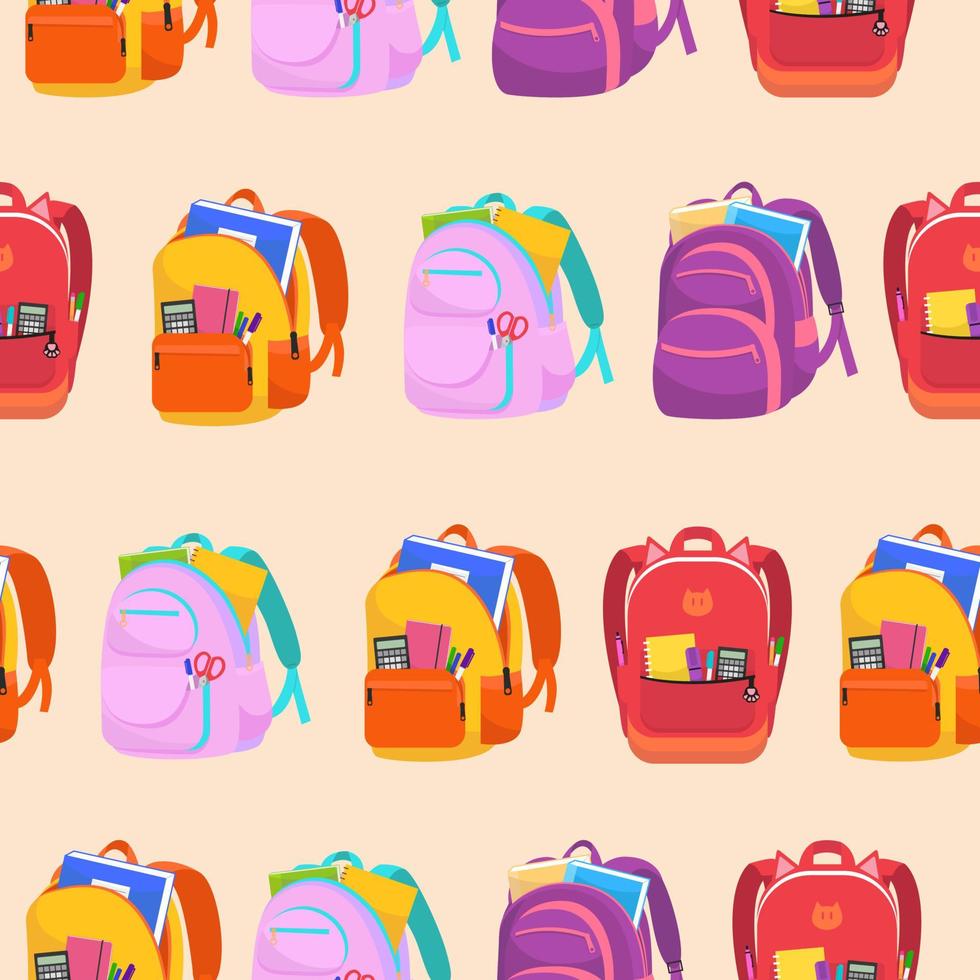 Various colorful backpacks with stationery. Cartoon vector seamless pattern. Beige background. Packaging, textile template.