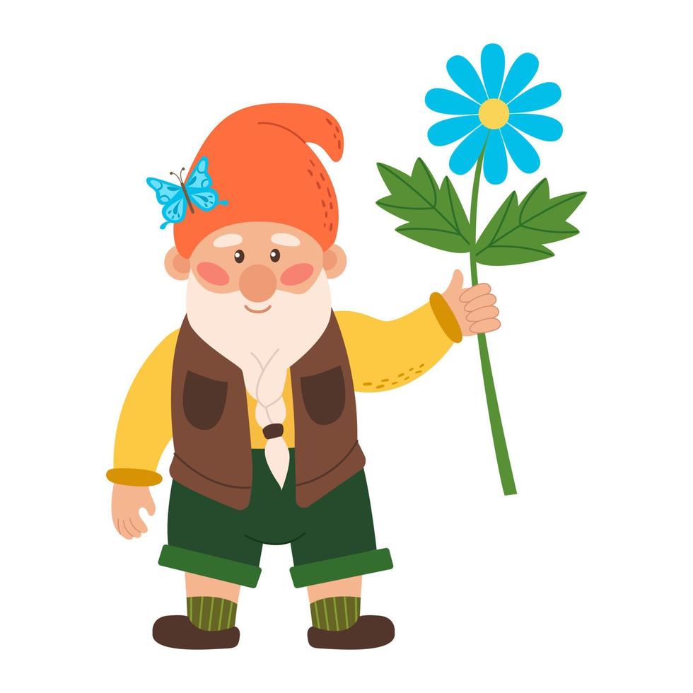 Happy cute little garden gnome with a beard. Dwarf elf holding flower. Vector illustration of a fairytale character isolated on a white background.