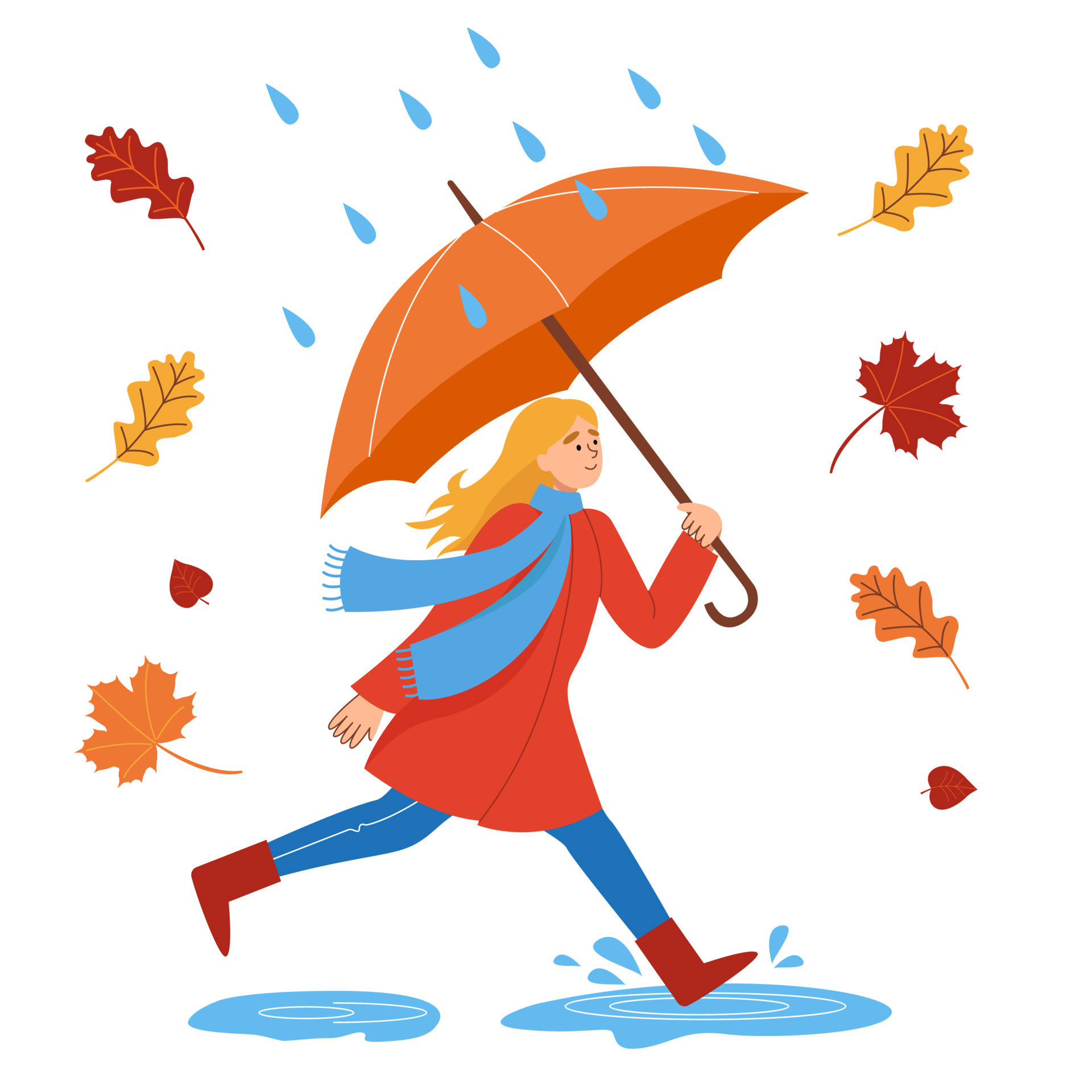 Smiling Girl runs through puddles around with an umbrella in the rain. Flat cartoon colorful vector illustration. The concept of the autumn mood and pastime. 7189471 Vector Art at Vecteezy Smiling Girl runs through puddles around with an umbrella in the rain. Flat cartoon colorful vector illustration. The concept of the autumn mood and pastime. 7189471 Vector Art at Vecteezy