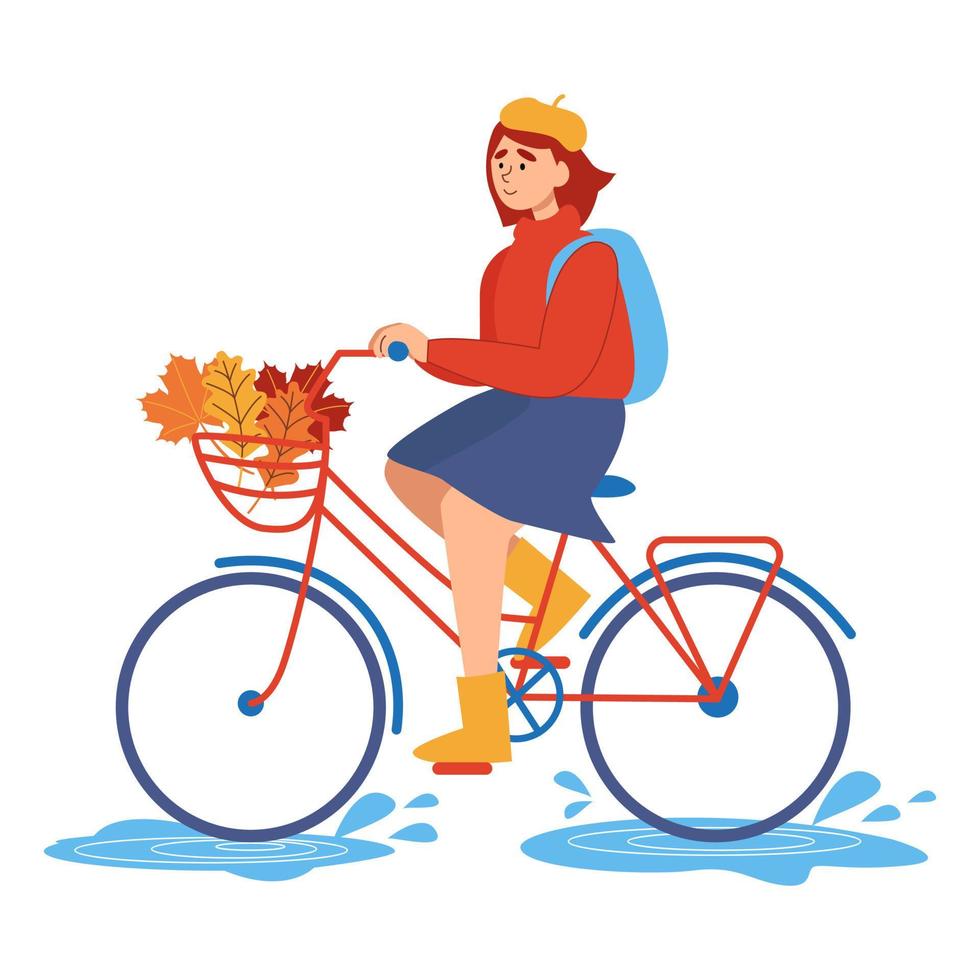 Young happy woman riding a bicycle in autumn with a bouquet of autumn leaves in front of a basket.The concept of outdoor activities.Ecological vehicle of transportation. Flat vector illustration.