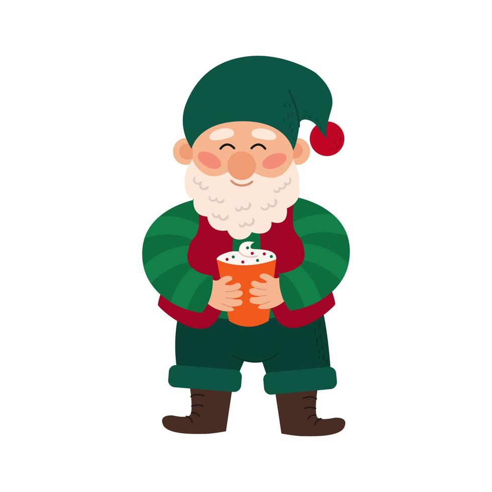 Happy cute Christmas little gnome with a beard. Cute dwarf elf holding warm cocoa. Color vector illustration of a fairy-tale character isolated on a white background.