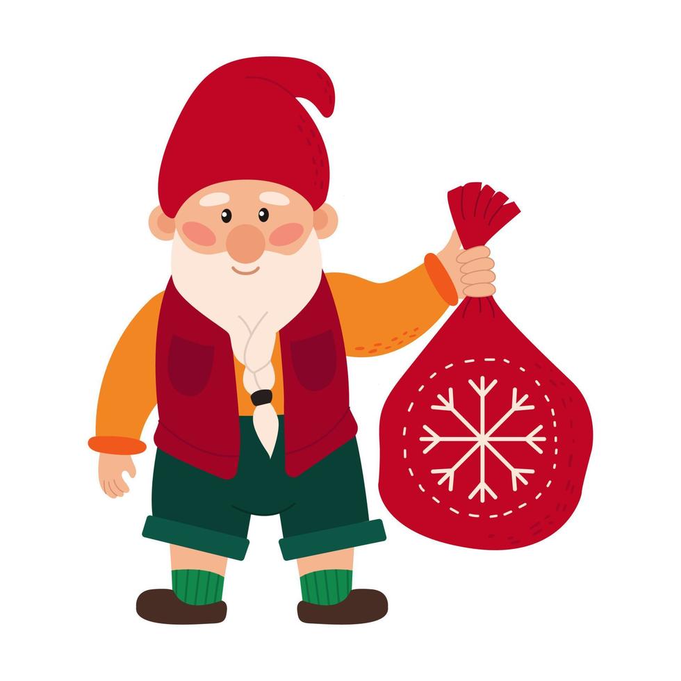 Happy cute xmas little gnome with beard. Cute elf dwarf holds a bag of gifts. Colored flat vector illustration of fairytale character isolated on white background.