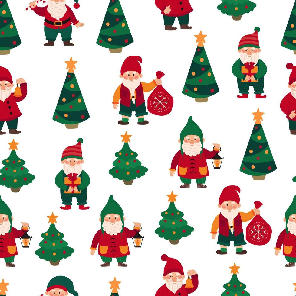 Seamless pattern with christmas little gnomes, dwarfs, elves. Endless repeatable backdrop with fairy tale characters. Childish flat vector illustration.