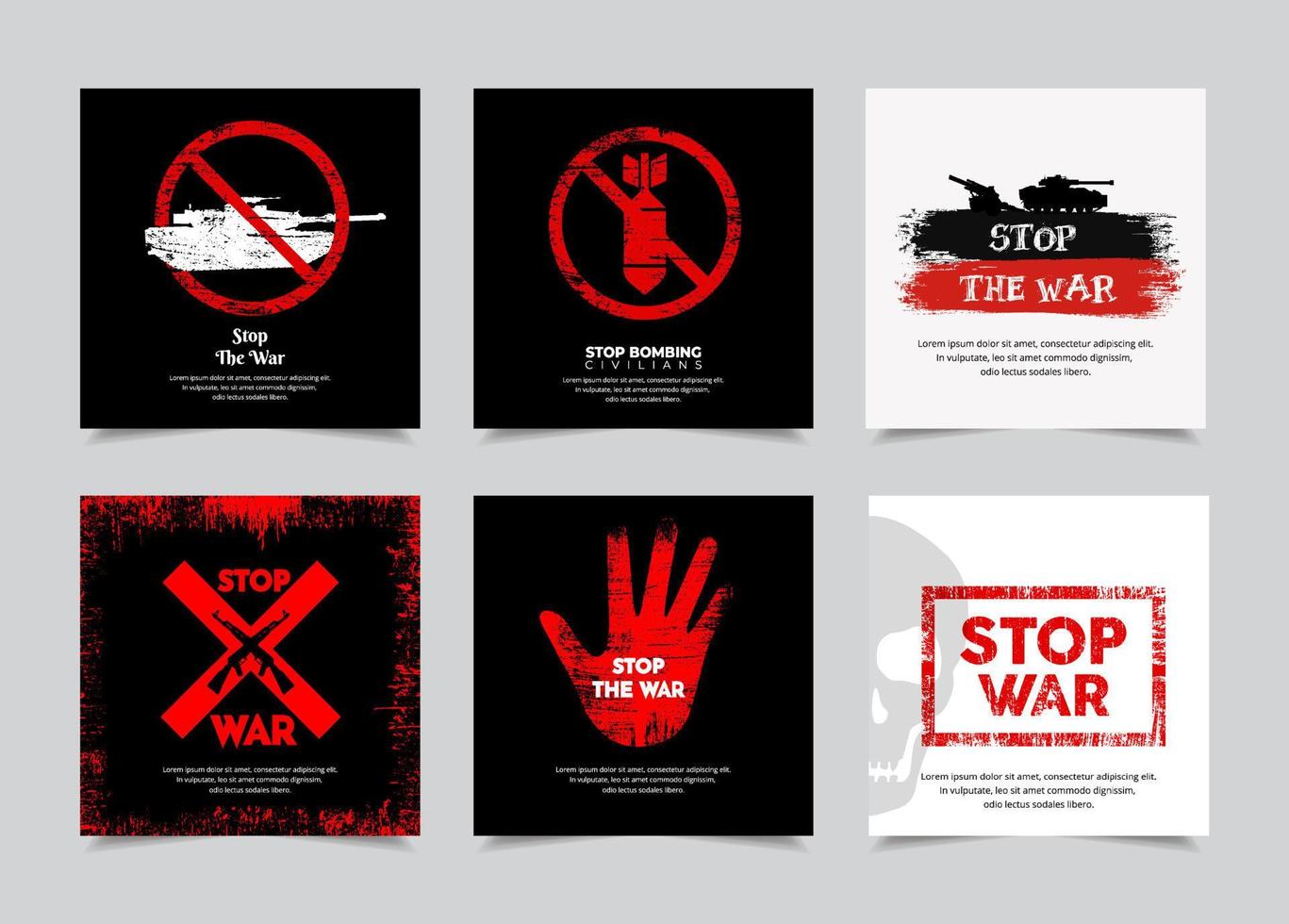 Collection of Stop the war design icon with silhouette of tank, bomb and guns vector