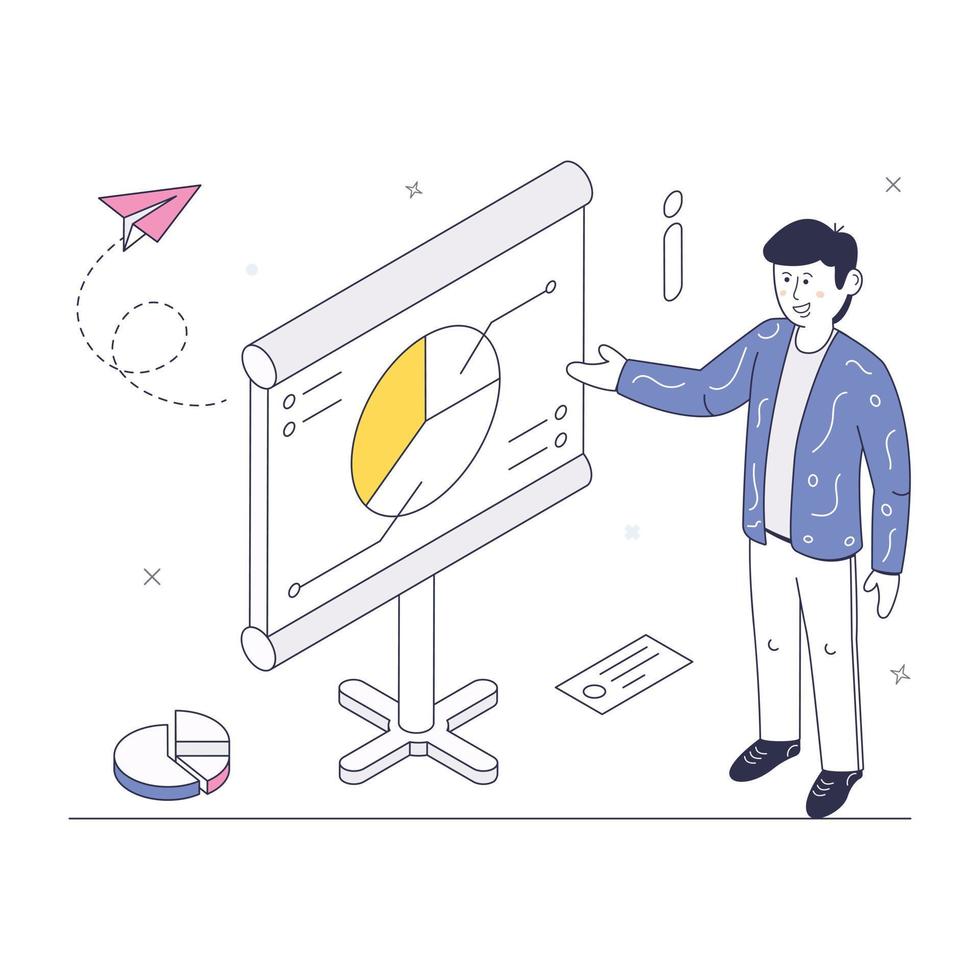 Person explaining business graph and chart, a flat illustration of data presentation vector